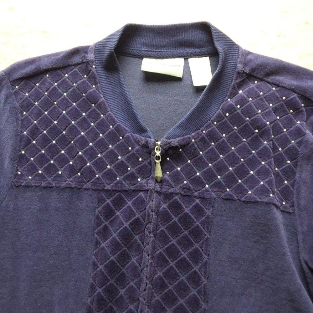 Alfred Dunner Petite Navy Blue Velour Zip Up Jacket Quilted Studded Bomber SP